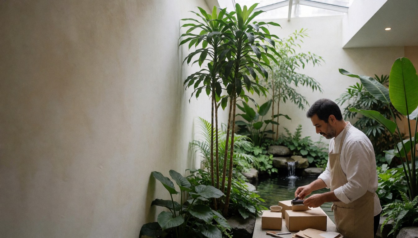 Un employé d'hôtel travaille à une table en bois, entouré de plantes vertes et d'un petit étang, créant une ambiance calme et naturelle.