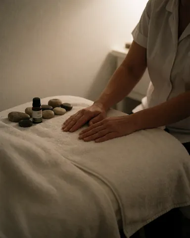 Une thérapeute pose ses mains sur une serviette blanche posée sur un lit de massage, accompagnée de pierres chaudes et d'un flacon d'huile essentielle.