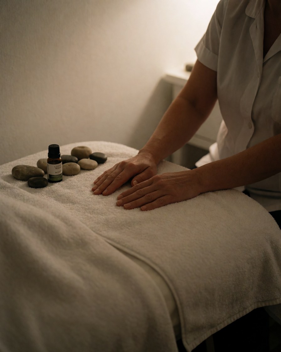 Une thérapeute pose ses mains sur une serviette blanche posée sur un lit de massage, accompagnée de pierres chaudes et d'un flacon d'huile essentielle.
