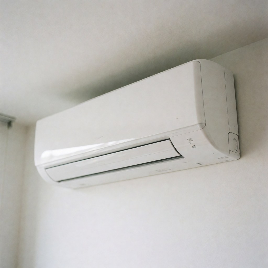 Vue d'une unité intérieure de climatiseur moderne montée sur un mur blanc dans une maison résidentielle, illustrant le confort thermique et l'efficacité énergétique.