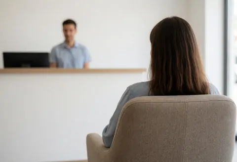 Vue arrière d'un client assis sur une chaise confortable en salle d'attente, avec une réception floue à l'arrière-plan et des murs blancs créant une ambiance relaxante.