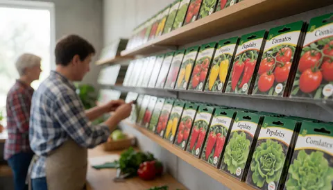 Adulte sélectionnant des graines de tomates, poivrons et laitue sur une étagère de magasin d'agriculture avec lumière naturelle.