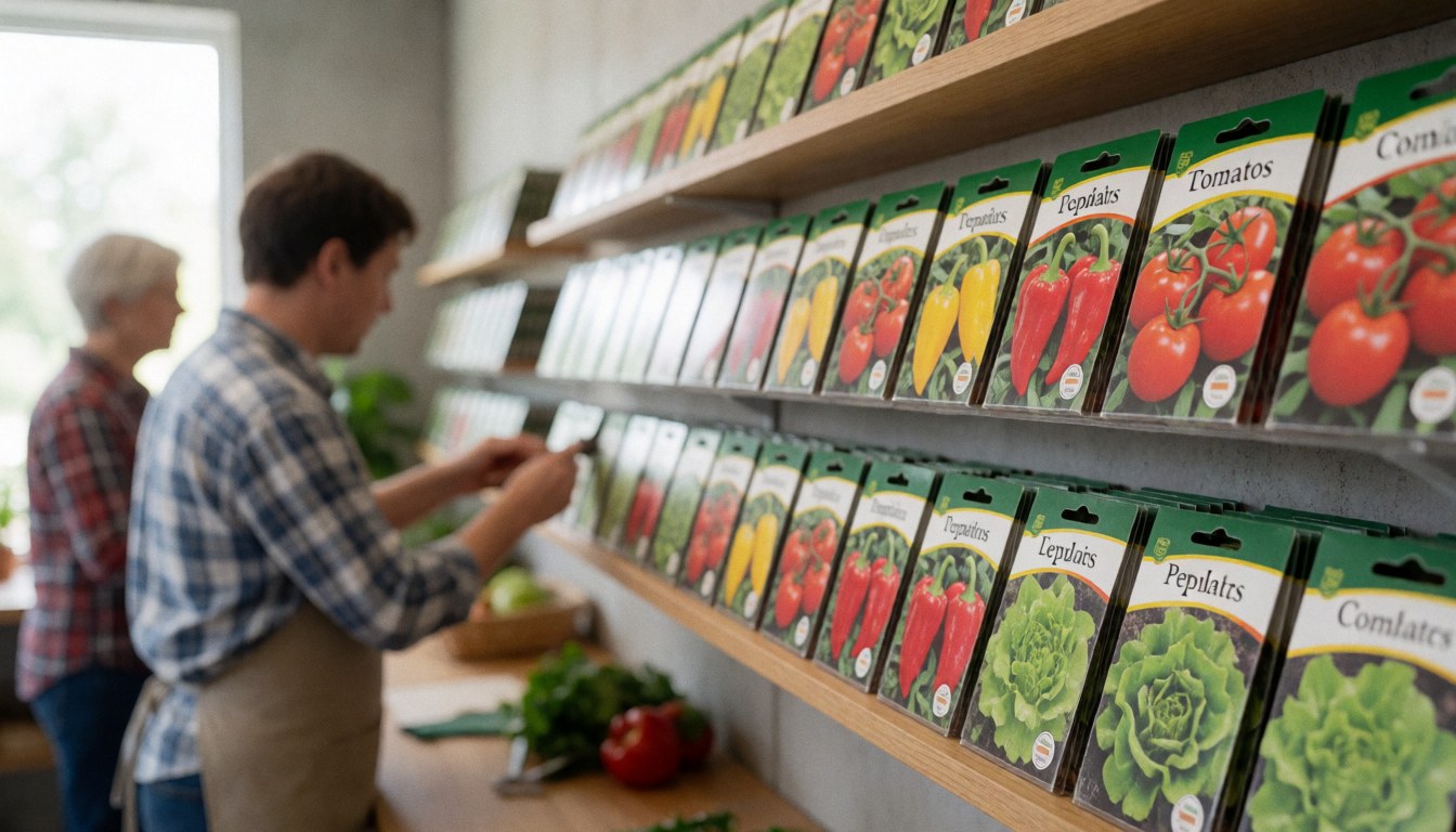 Adulte sélectionnant des graines de tomates, poivrons et laitue sur une étagère de magasin d'agriculture avec lumière naturelle.