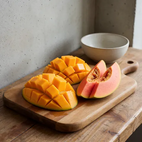 Des fruits tropicaux frais coupés disposés sur une planche à découper en bois, présentant des couleurs vives et naturelles pour un petit-déjeuner sain.