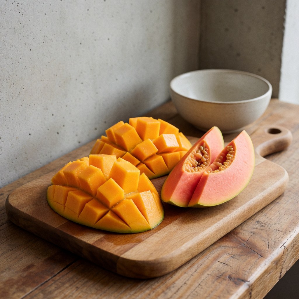 Des fruits tropicaux frais coupés disposés sur une planche à découper en bois, présentant des couleurs vives et naturelles pour un petit-déjeuner sain.