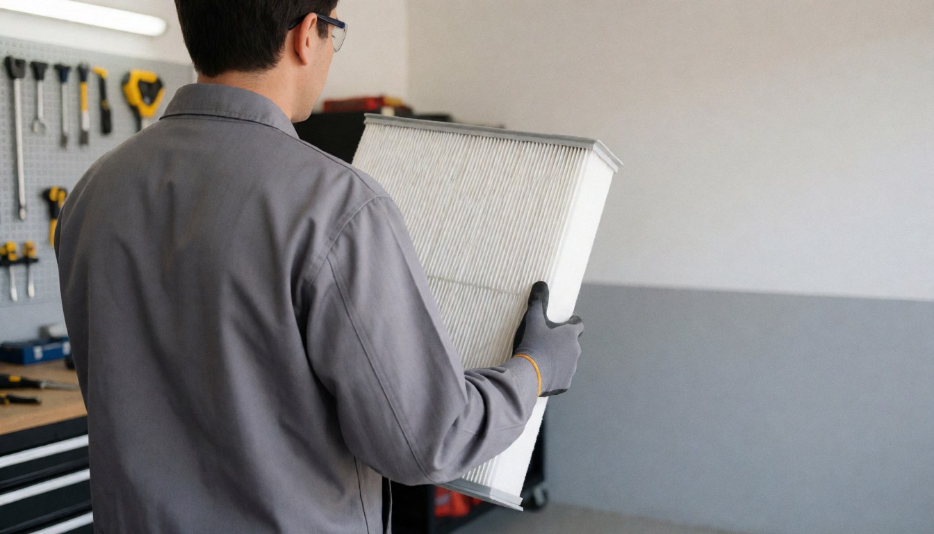 Technicien en atelier tenant un filtre HEPA, outils au mur, espace pour texte, professionnel et propre.