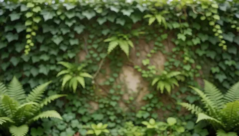 Fond vert composé de lierre et de végétation dense sur une paroi naturelle, offrant une texture sereine et calme pour du texte ou des présentations professionnelles.