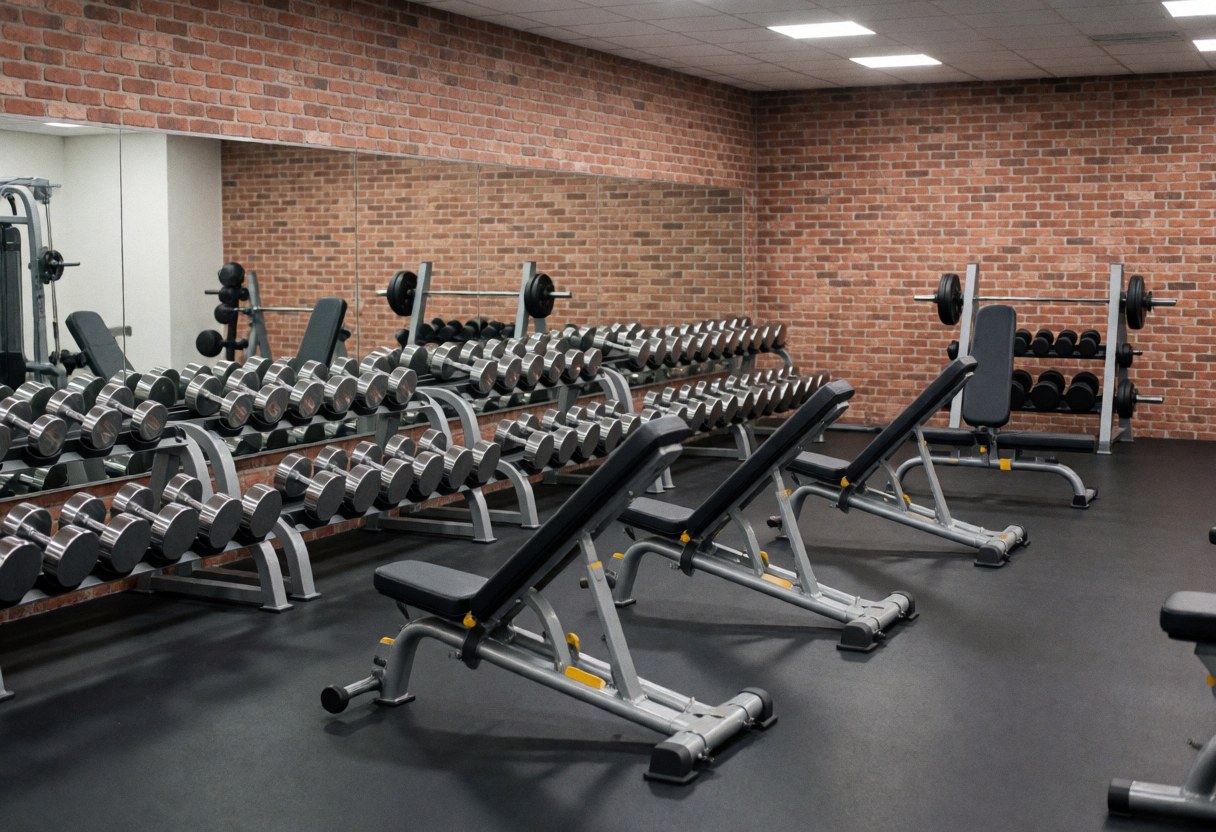 Vue d'une zone dédiée aux haltères et bancs de musculation dans un espace fitness avec un mur en briques en arrière-plan flou.