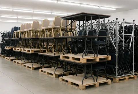 Vue d'un espace de montage préparé pour des événements comprenant des tables chaises palets en bois et un éclairage professionnel sur fond blanc et noir.