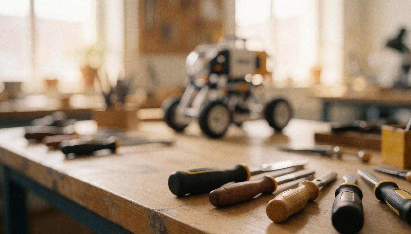 Vue d'un atelier avec des outils à main et un prototype en arrière-plan, éclairage chaud et flou, idéal pour des textes sur la fabrication et le design.