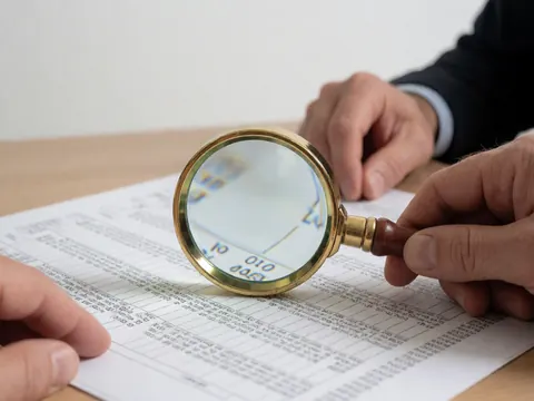 Une loupe en bois et métal posée sur un document financier au texte flou, symbolisant une analyse détaillée et professionnelle.