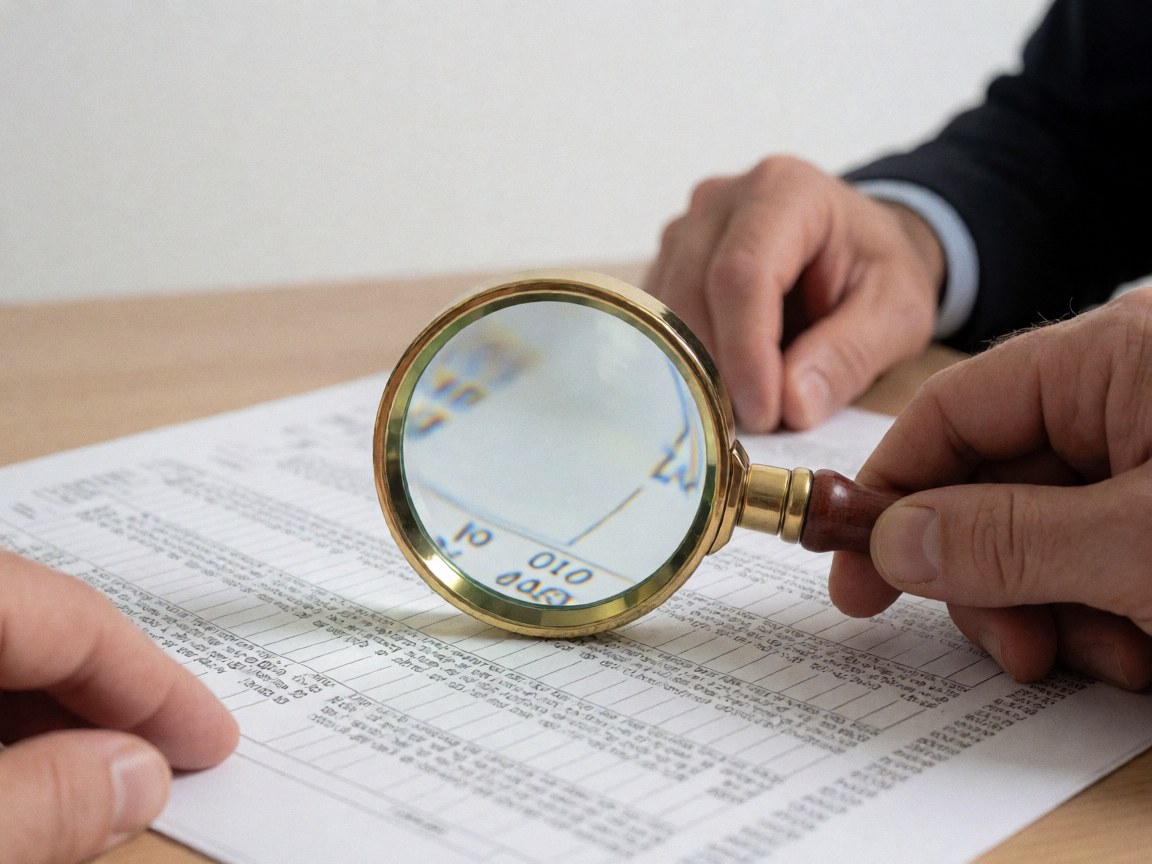 Une loupe en bois et métal posée sur un document financier au texte flou, symbolisant une analyse détaillée et professionnelle.