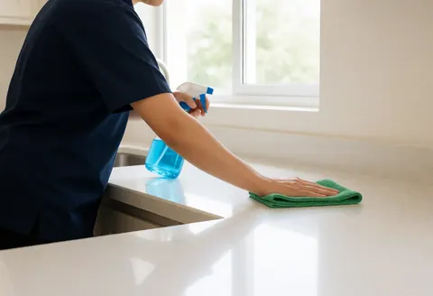 Un agent effectue un nettoyage approfondi des surfaces et du comptoir de la cuisine.