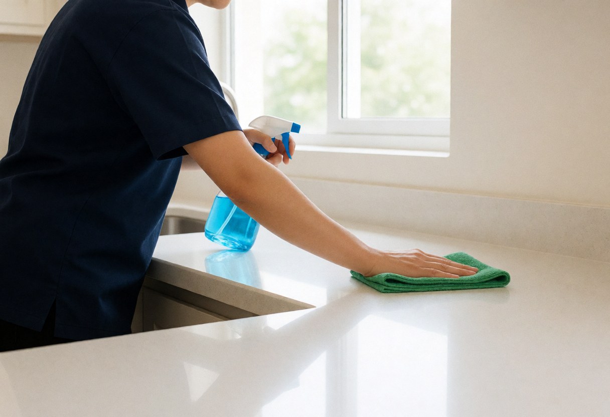 Un agent effectue un nettoyage approfondi des surfaces et du comptoir de la cuisine.