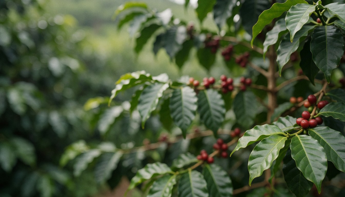 Arrière-plan de café avec feuilles vertes et cerises rouges, idéal pour textes et campagnes de tourisme agricole.