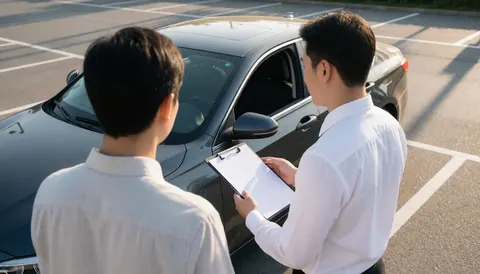 Un agent professionnel discute avec un client près d'une voiture dans un parking, tenant des dossiers pour évaluer les besoins en assurance automobile.