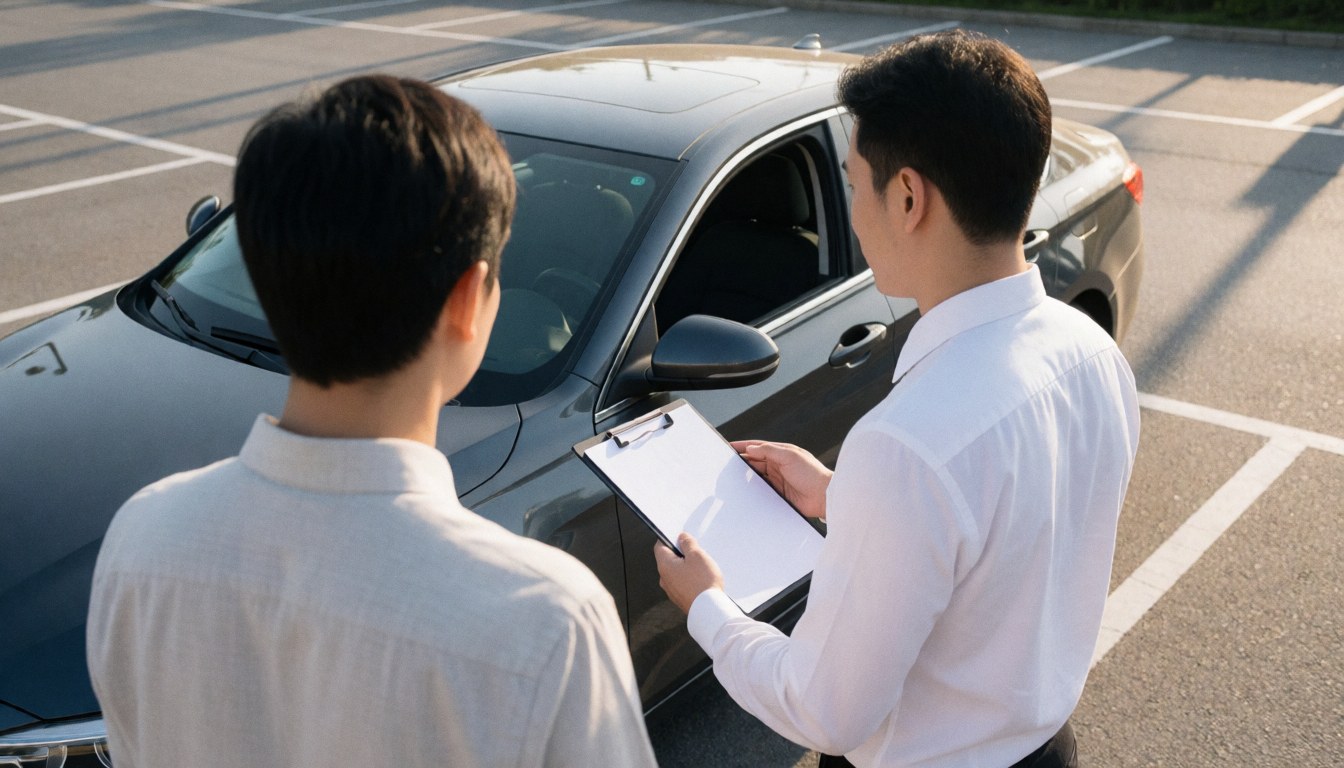 Un agent professionnel discute avec un client près d'une voiture dans un parking, tenant des dossiers pour évaluer les besoins en assurance automobile.
