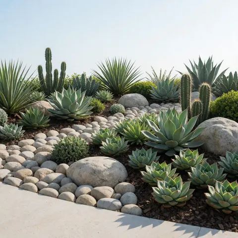 Composition paysagère naturelle mettant en valeur des plantes grasses et des cactus parmi des roches, idéale pour un design moderne et économe en eau.