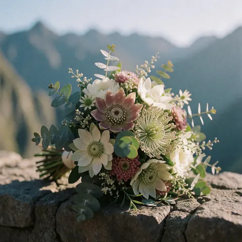 Bouquet de fleurs andines avec cantuta et eucalyptus sur un mur de pierre, montagnes en arrière-plan, lumière matinale douce, détails de pétales et gouttes de rosée.