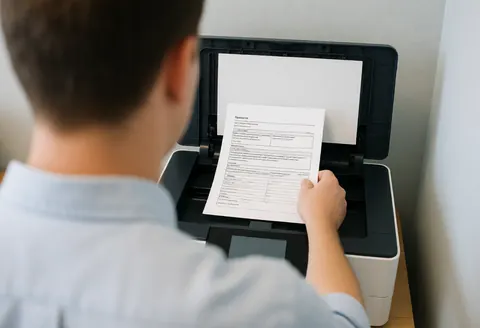 Un professionnel utilise un scanner pour numériser des papiers liés à l'énergie solaire dans un bureau moderne et calme.