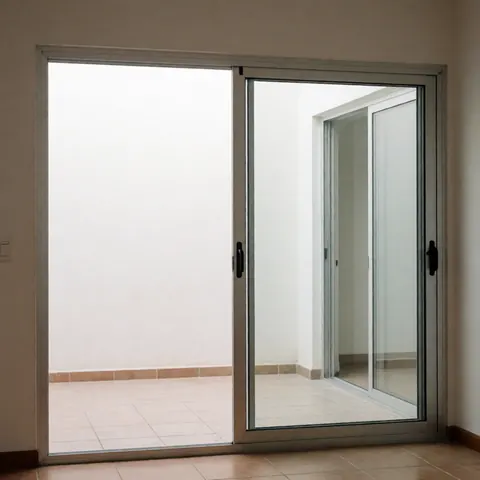 Vue intérieure d'un espace ouvert moderne avec des murs blancs, un sol en carrelage clair, de grandes fenêtres laissant entrer la lumière naturelle et une porte coulissante menant à l'extérieur.