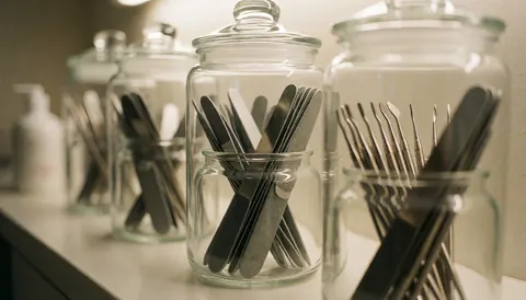 Vue de dessus d'outils professionnels de soin des ongles disposés avec des bocaux en verre stériles sur un fond clair, servant de support pour du texte.