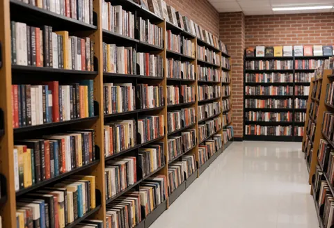 Vue panoramique large d'une librairie fictive avec des etageres remplies de livres sur un sol en briques, creant une ambiance calme et silencieuse.