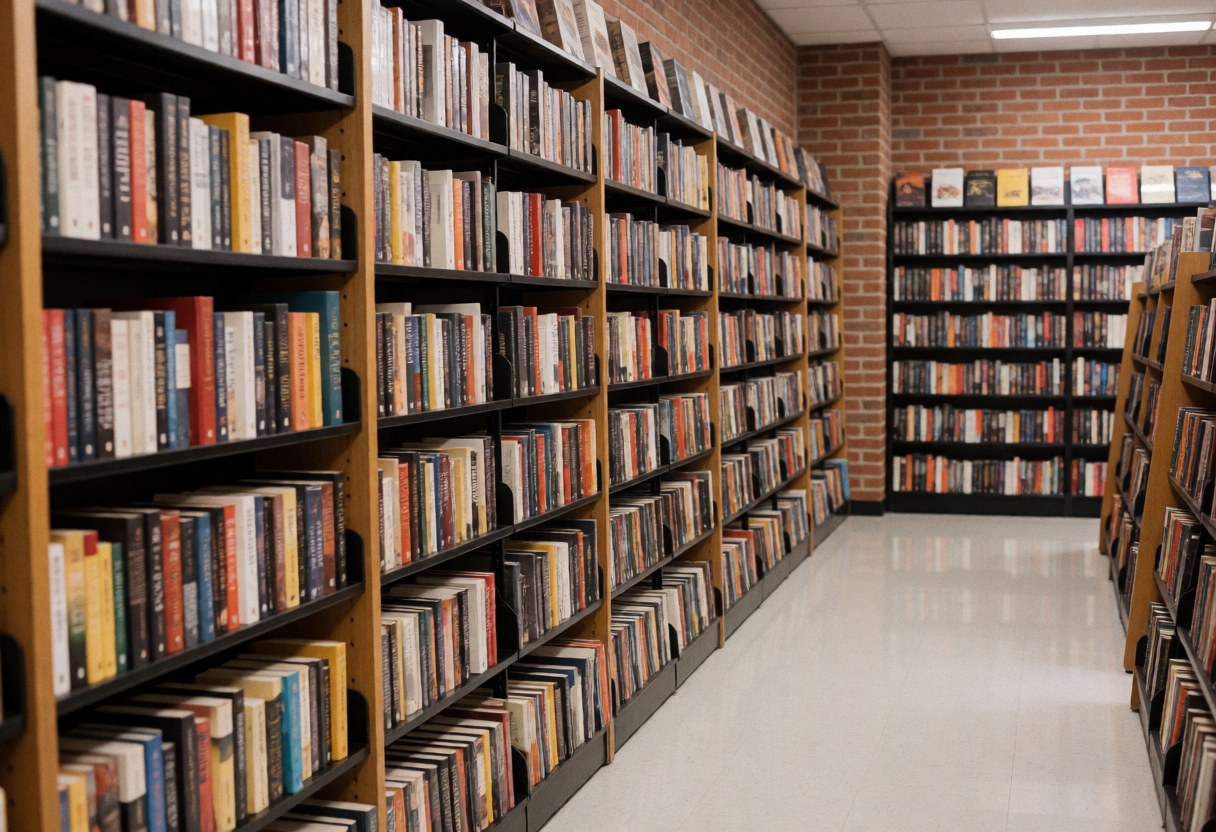 Vue panoramique large d'une librairie fictive avec des etageres remplies de livres sur un sol en briques, creant une ambiance calme et silencieuse.