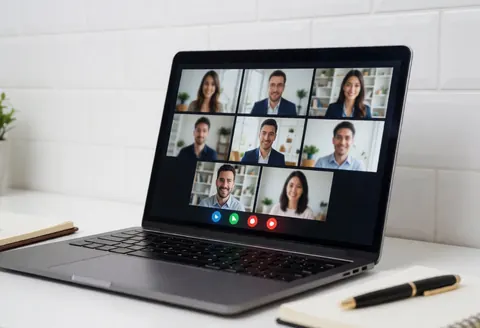 Ordinateur portable sur un bureau blanc affichant une réunion de recrutement en ligne avec des participants flous, accompagné d'un carnet et d'un stylo sous un éclairage professionnel.