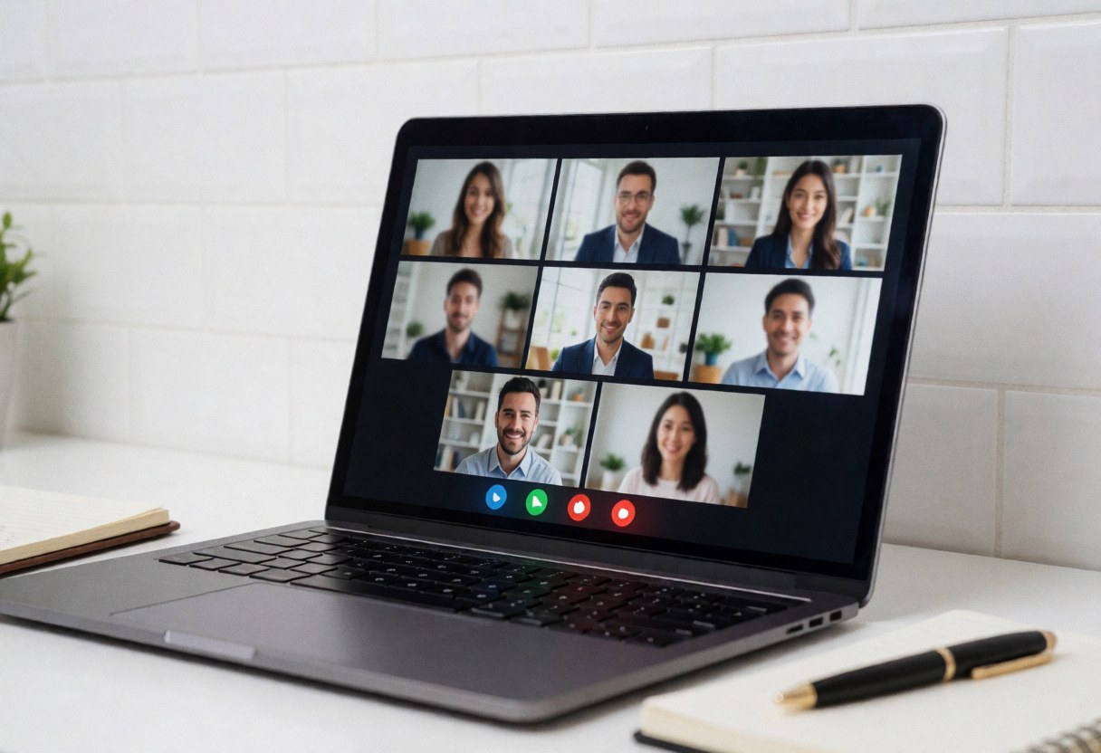 Ordinateur portable sur un bureau blanc affichant une réunion de recrutement en ligne avec des participants flous, accompagné d'un carnet et d'un stylo sous un éclairage professionnel.
