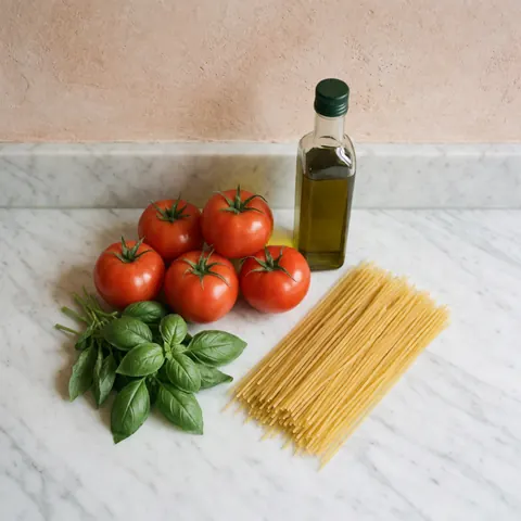 Des tomates fraîches et du basilic posés sur un plan de travail en marbre, évoquant des ingrédients sains pour la cuisine.