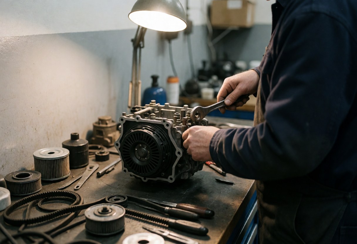 Technicien travaillant sur un moteur démonté posé sur une table, entouré d'outils et de pièces, sous un éclairage de travail avec un fond flou.