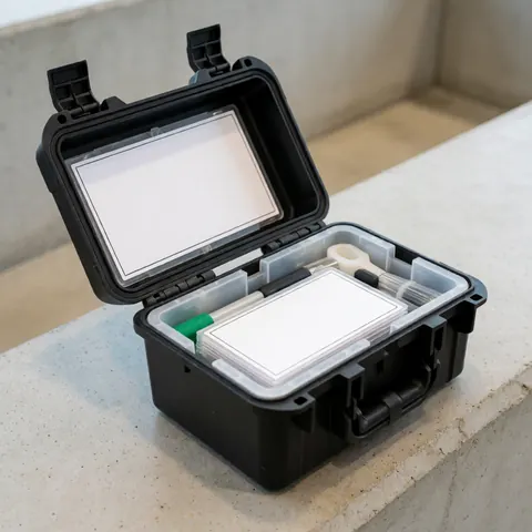Kit d'échantillonnage professionnel ouvert posé sur une surface en béton, avec des outils et des étiquettes blanches visibles, idéal pour le travail de terrain.