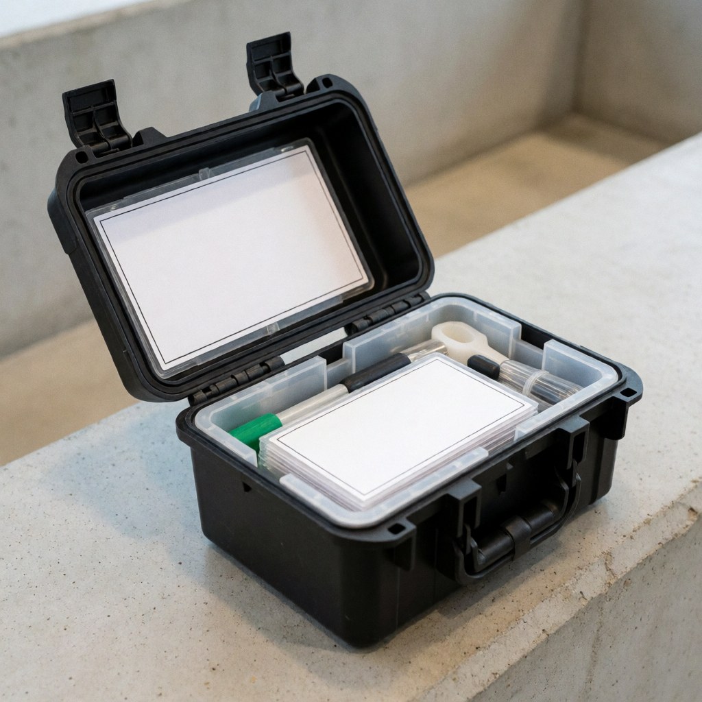 Kit d'échantillonnage professionnel ouvert posé sur une surface en béton, avec des outils et des étiquettes blanches visibles, idéal pour le travail de terrain.