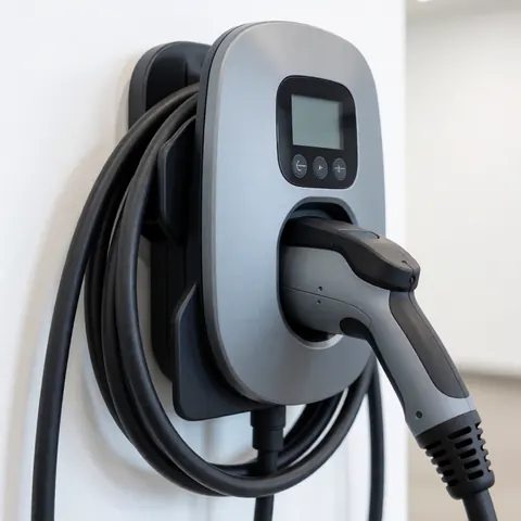 Chargeur électrique pour véhicule stationné près d'un mur gris avec des boutons noirs et un câble connecté.