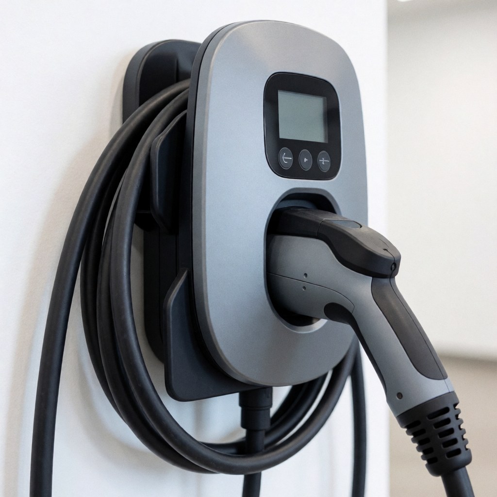 Chargeur électrique pour véhicule stationné près d'un mur gris avec des boutons noirs et un câble connecté.
