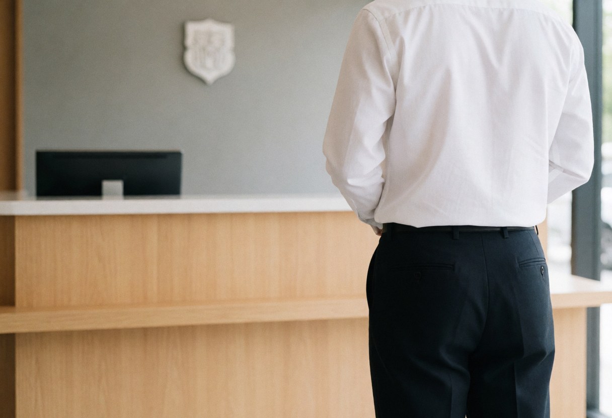 Vue arrière d'une personne debout dans une réception moderne avec bureau en bois clair, écran noir et mur gris.