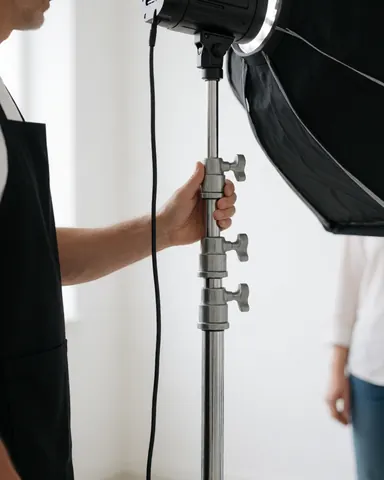 Photographe professionnel ajuste un support de lumière avec un softbox dans un studio blanc, montrant l'équipe et la préparation pour une séance photo.