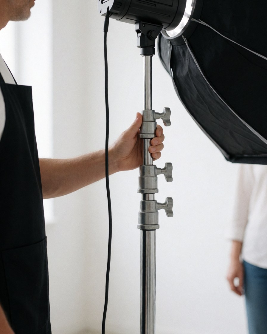Photographe professionnel ajuste un support de lumière avec un softbox dans un studio blanc, montrant l'équipe et la préparation pour une séance photo.