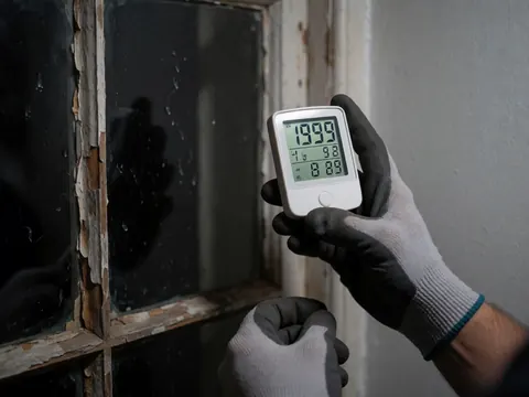 Un professionnel avec des gants mesure l'humidité d'une fenêtre ancienne au cadre usé, affichant une lecture numérique sur un hygromètre dans un environnement sombre avec de la condensation.