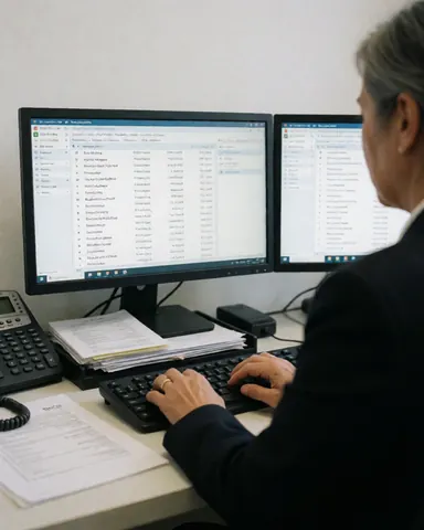 Un agent de voyage consulte des itinéraires aériens sur deux moniteurs dans un bureau professionnel équipé d'un téléphone et de documents papier.