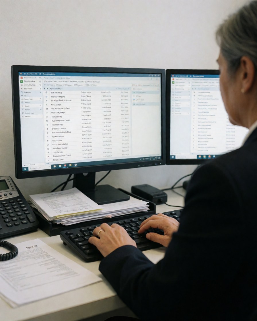 Un agent de voyage consulte des itinéraires aériens sur deux moniteurs dans un bureau professionnel équipé d'un téléphone et de documents papier.