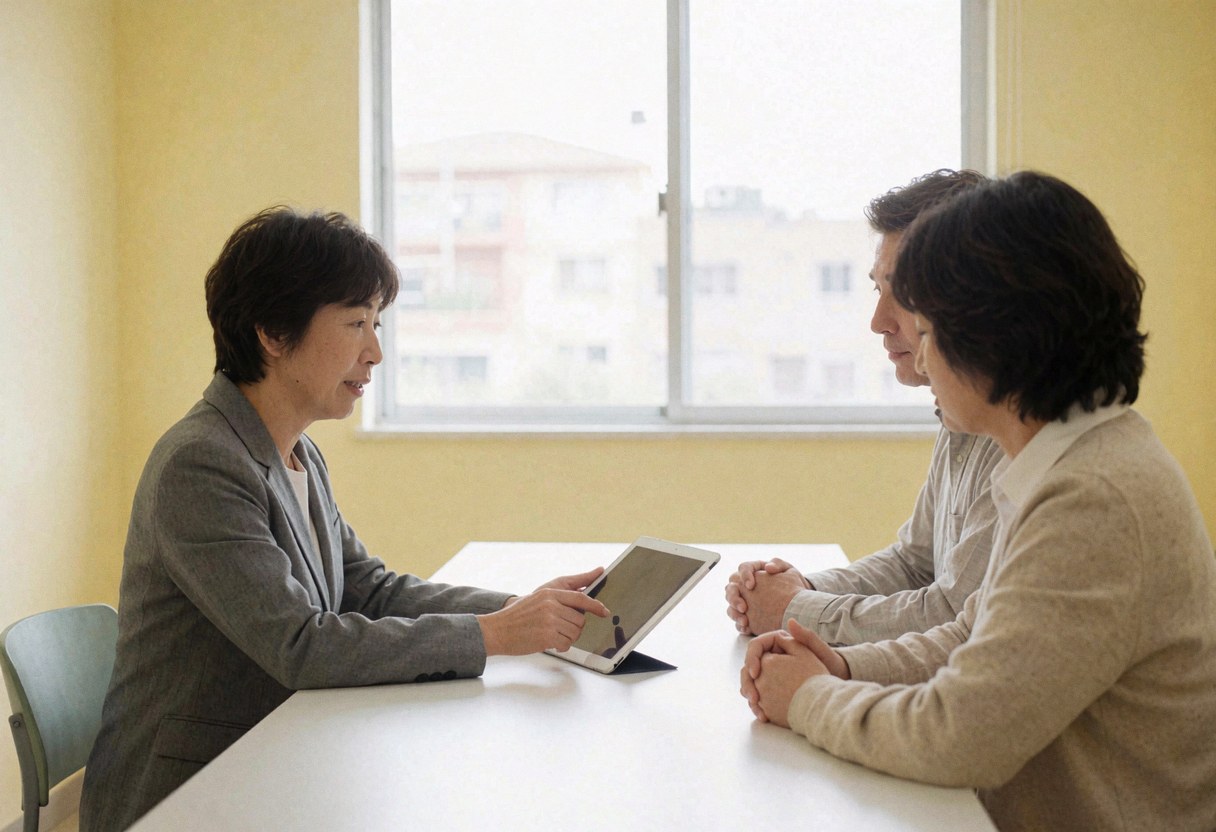 Un banquier en veste grise explique des données sur une tablette à deux clients assis à une table blanche dans un bureau lumineux.