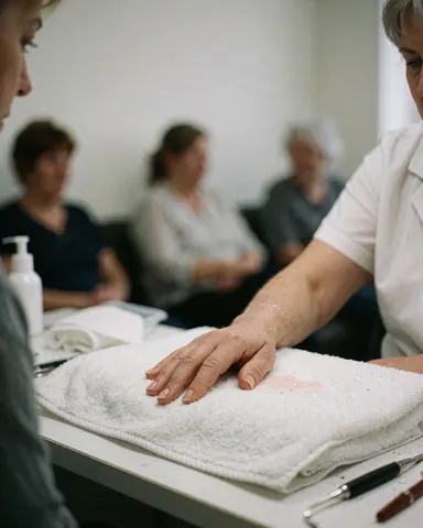 Une manuciste professionnelle travaille sur les ongles d'une cliente posant sa main sur une serviette blanche, avec d'autres personnes en attente en arrière-plan.