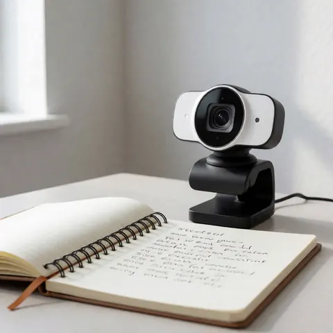 Webcam professionnelle posée sur une table avec un carnet ouvert et des notes manuscrites, éclairée par la lumière naturelle, idéale pour les cours en ligne et la création numérique.