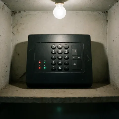 Un panneau de contrôle d'alarme fixé sur un mur en béton brut, avec des boutons, des voyants lumineux rouges et verts, et une ampoule visible à proximité.