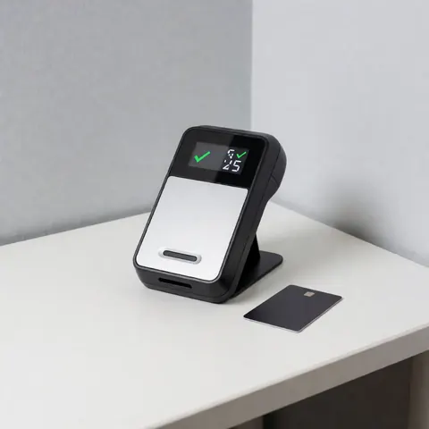 Terminal d'enregistrement biométrique noir doté d'un écran vert posé sur un bureau blanc, accompagné d'une carte d'accès à proximité.