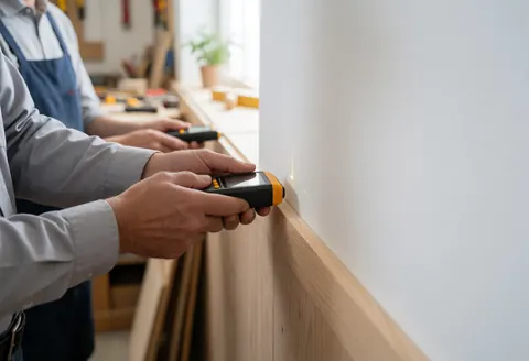 Un professionnel mesure une plinthe en bois à l'aide d'un appareil de mesure laser dans un atelier, avec des outils visibles en arrière-plan et une lumière naturelle.