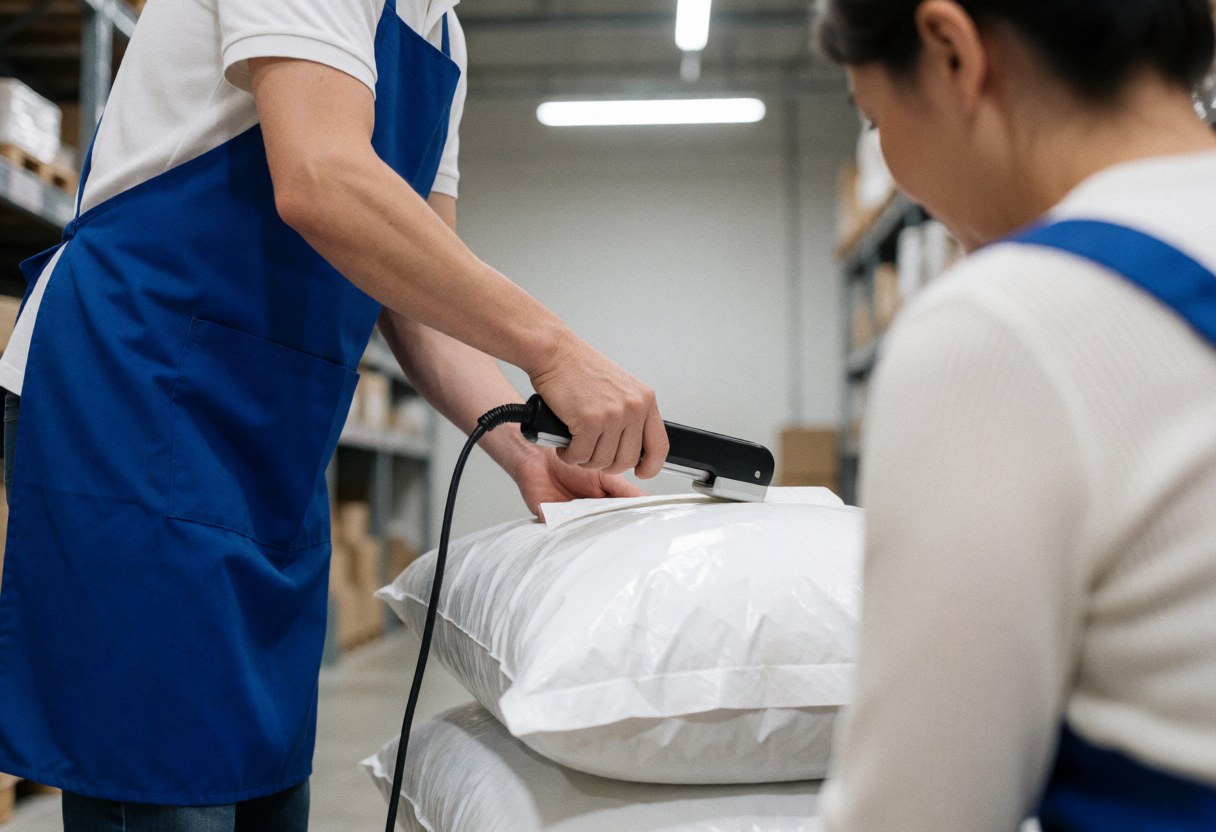Un employé ferme un sac d'engrais avec un outil manuel dans un entrepôt industriel, devant des étagères et sous un éclairage fluorescent.