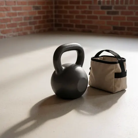 Un kettlebell noir est posé sur un sol en caoutchouc dans un gymnase, avec un mur de briques en arrière-plan et une ombre portée.